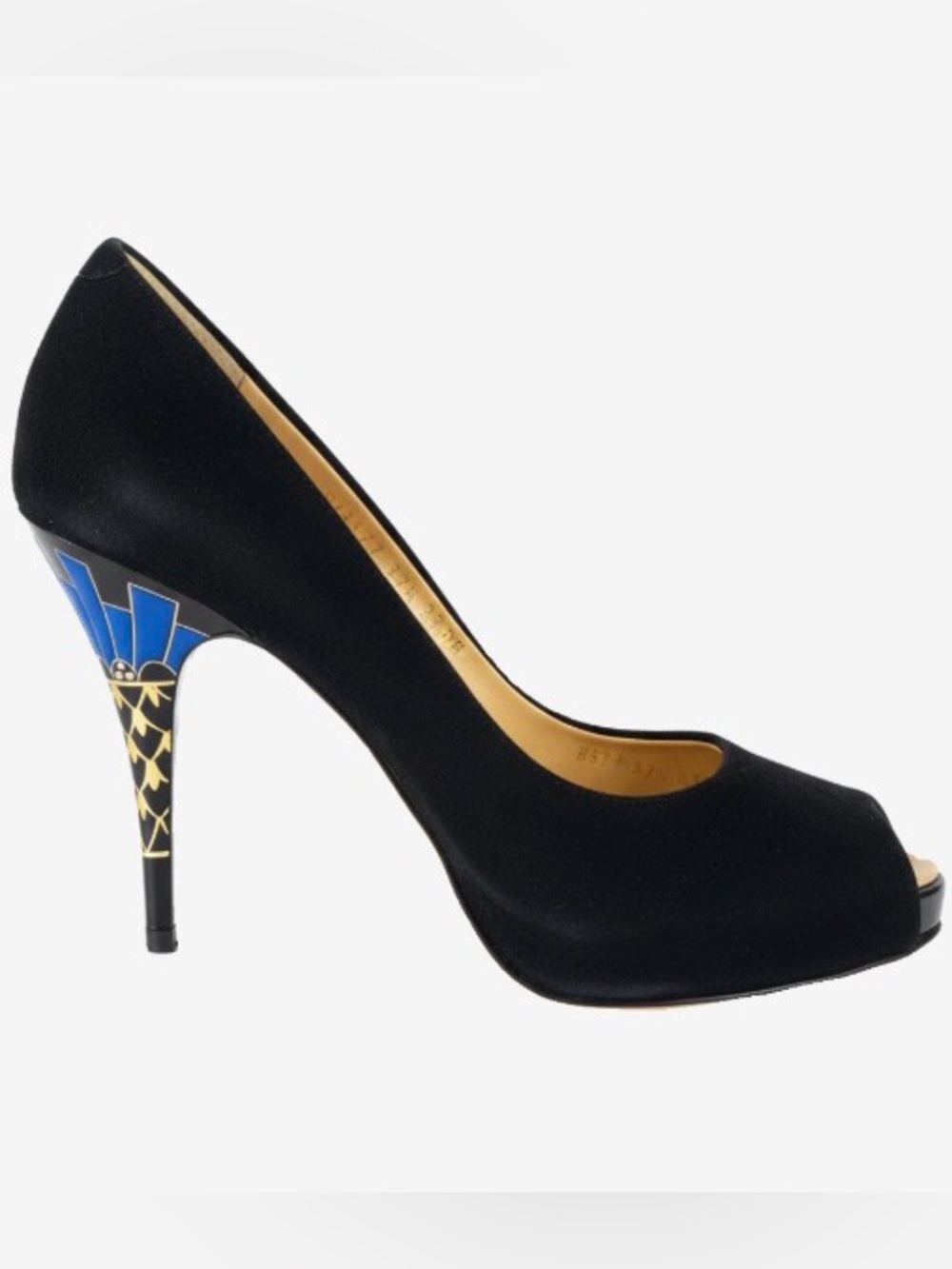 🛍️ Giuseppe Zanotti Black Suede Pumps with Blue & Gold Patterned Heels